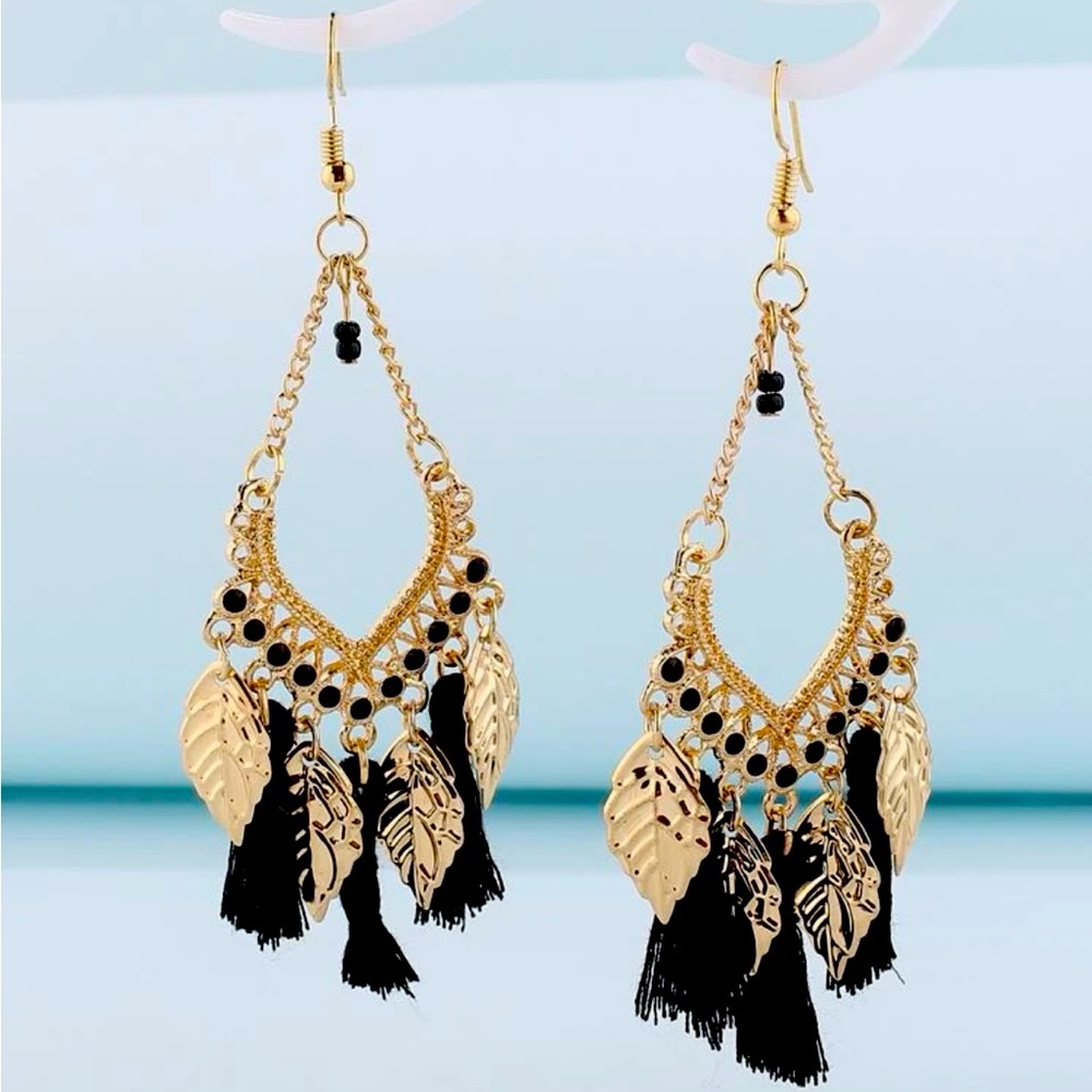 Boho Gold & Black Tassel Drop Earrings NEW 🏷️